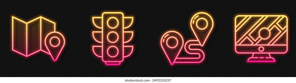 Set line Route location, Folded map with location marker, Traffic light and Monitor with location marker. Glowing neon icon. Vector