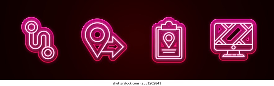 Set line Route location, Location, Folded map with marker and Monitor. Glowing neon icon. Vector