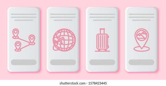 Set line Route location, Globe with flying plane, Suitcase for travel and Map pointer with mountain. White rectangle button. Vector