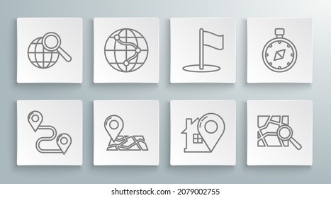 Set line Route location, Location the globe, Folded map with marker, Map pointer house, Flag, Compass and Magnifying glass icon. Vector