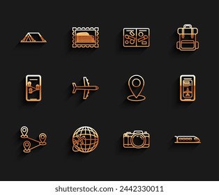 Set line Route location, Globe with flying plane, Tourist tent, Photo camera, Train, Plane, Smartphone electronic boarding pass airline ticket and Map pin icon. Vector