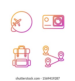 Set line Route location, Hiking backpack, Globe with flying plane and Action extreme camera. Gradient color icons. Vector