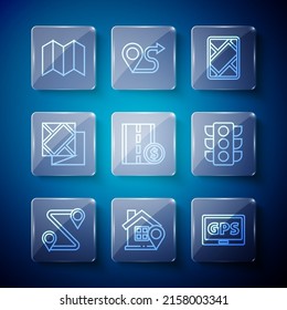 Set line Route location, Location with house, Gps device map, Toll road traffic sign, Folded,  and Traffic light icon. Vector