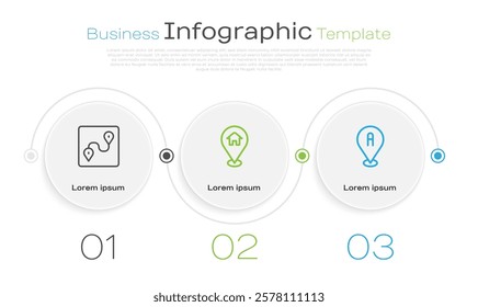 Set line Route location, Location with house and . Business infographic template. Vector