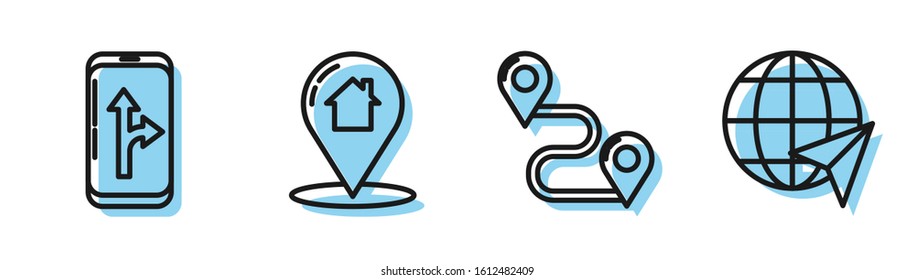 Set line Route location, Infographic of city map navigation, Map pointer with house and Location on the globe icon. Vector