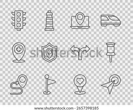 Set line Route location, Infographic of city map navigation, Laptop with marker, Location, Traffic light, shield, heart and Push pin icon. Vector