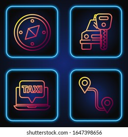 Set line Route location, Laptop call taxi service, Compass and Car rental. Gradient color icons. Vector