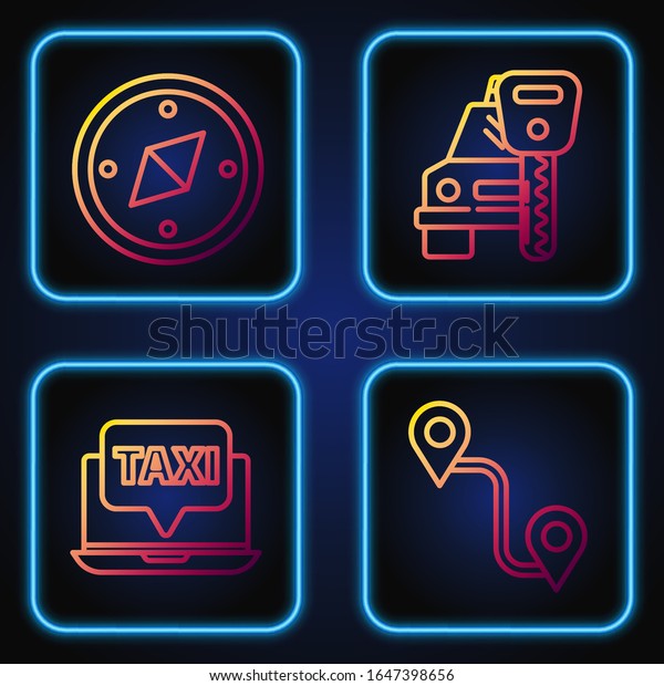 Set line Route\
location, Laptop call taxi service, Compass and Car rental.\
Gradient color icons.\
Vector