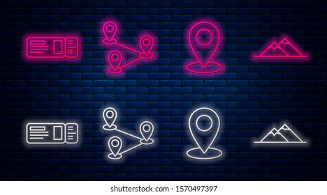 Set line Route location, Map pin, Travel ticket and Mountains. Glowing neon icon on brick wall. Vector