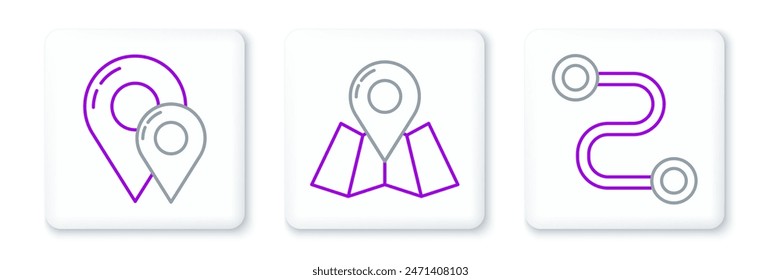 Set line Route location, Map pin and Folded map with marker icon. Vector