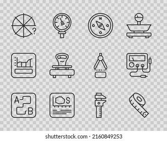 Streckenstandort, Messband, Kompass, Flächenmessung, Stückkreis, Skala, Kaliber oder Kaliber und Maßstab und Multimeter, Voltmeter-Icon. Vektorgrafik