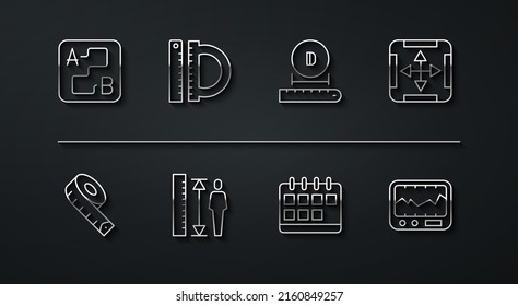 Set line Route location, Measuring tape, Area measurement, Calendar, height body, Protractor and ruler, instrument and Diameter icon. Vector