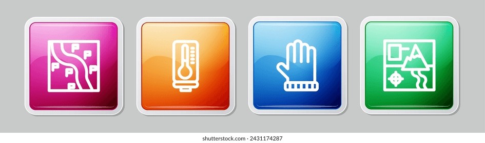 Set line Route location, Meteorology thermometer, Christmas mitten and Folded map. Colorful square button. Vector
