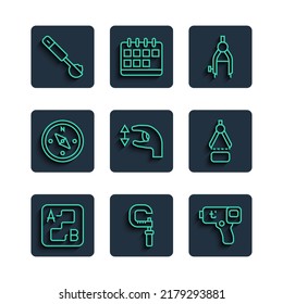 Set line Route location, Micrometer, Digital thermometer, Drawing compass, Approximate measurements, Compass, Measuring spoon and  icon. Vector