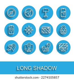 Set line Route location, Monitor with marker, Compass, Wind rose, Location the globe and Infographic of city map navigation icon. Vector