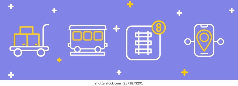 Set line Route location, Online ticket booking, Passenger train cars and Trolley suitcase icon. Vector