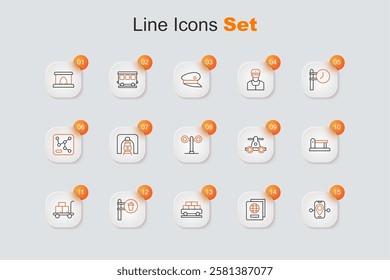 Set line Route location, Passport, Cargo train wagon, Cafe and restaurant, Trolley suitcase, Railway, railroad track, Handcar transportation and Train traffic light icon. Vector