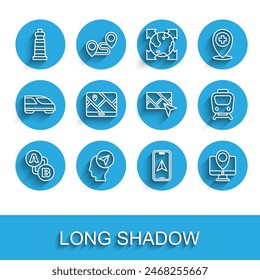 Set line Route location, Location with person, Lighthouse, City map navigation, Monitor marker, Train and  icon. Vector