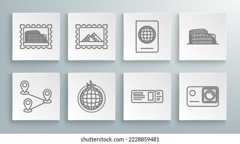 Set line Route location, Postal stamp and Egypt pyramids, Globe with flying plane, Travel ticket, Action extreme camera, Passport biometric data, Coliseum Rome, Italy and  icon. Vector