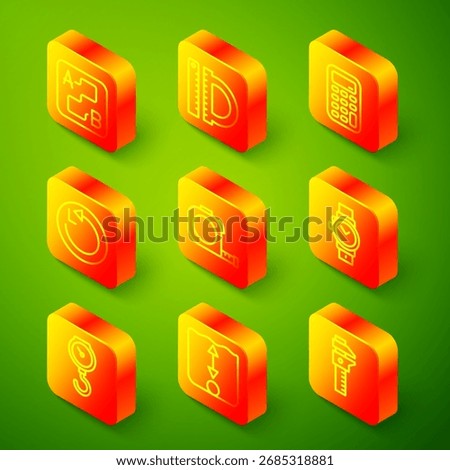 Set line Route location, Protractor and ruler, Calculator, Radius, Roulette construction, Wrist watch, Hand scale spring mechanical and Depth measurement icon. Vector