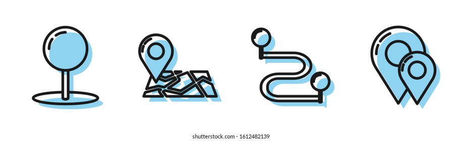 Set line Route location, Push pin, Folded map with location marker and Map pin icon. Vector