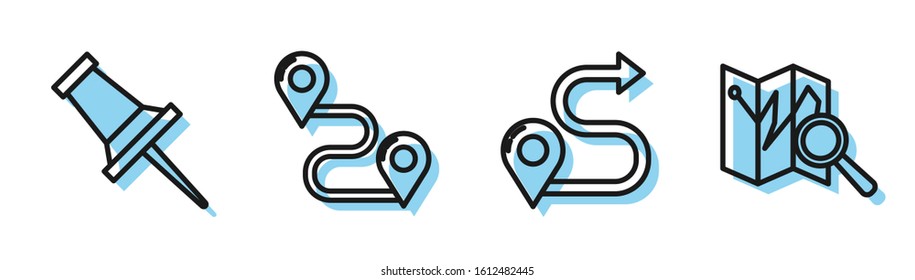 Set line Route location, Push pin, Route location and Folded map with location marker icon. Vector
