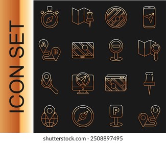 Set line Route location, Push pin, Search, Folded map with, City navigation, Compass and Stop sign icon. Vector