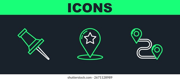 Establezca la ubicación de la ruta de línea, el pin de inserción y el puntero del mapa con el icono de estrella. Vector