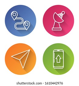 Set line Route location, Radar, Paper airplane and Infographic of city map navigation. Color circle button. Vector