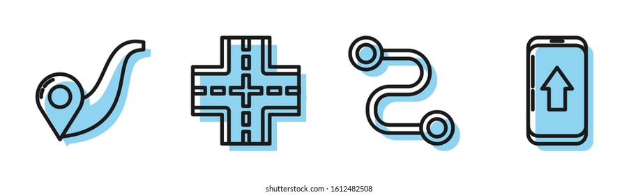 Set line Route location, Route location, Road traffic sign and Infographic of city map navigation icon. Vector