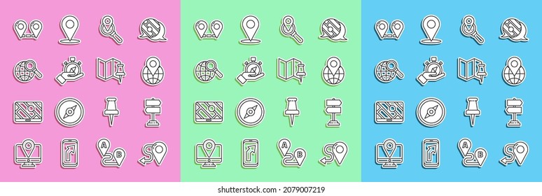 Establecer la ubicación de la ruta, el símbolo de tráfico de la carretera, la ubicación del globo, la búsqueda, la brújula, la lupa de aumento con y el icono del pasador plegado del mapa. Vector