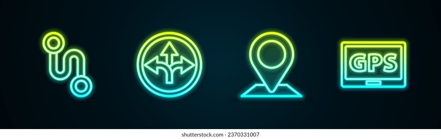 Set line Route location, Road traffic sign, Location and Gps device with map. Glowing neon icon. Vector