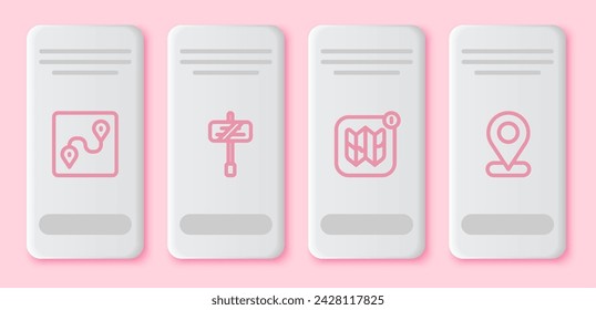 Set line Route location, Road traffic sign, Infographic of city map and Location. White rectangle button. Vector