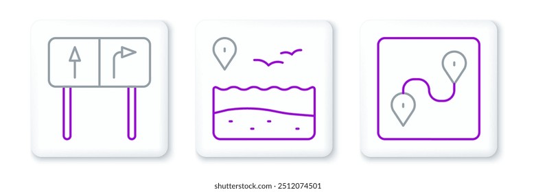 Set line Route location, Road traffic sign and Location with beach icon. Vector