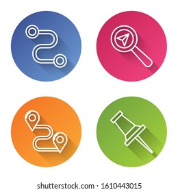 Set line Route location, Search location, Route location and Push pin. Color circle button. Vector