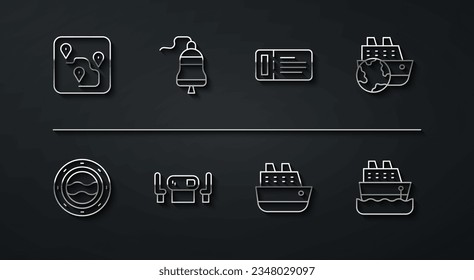 Set line Route location, Ship porthole with seascape, Cruise ship, Poker table, bell,  and ticket icon. Vector