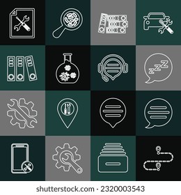 Set line Route location, Speech bubble chat, with snoring, Office folders, Test tube virus, File document service and Headphones speech icon. Vector
