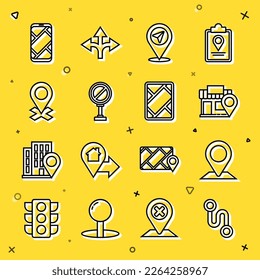 Stellen Sie die Streckenposition, Position, mit Speicher, Stopp-Zeichen, Stadtplan-Navigation und GPS-Gerät-Symbol ein. Vektorgrafik