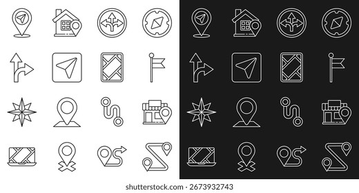 Set line Route location, Location with store, marker, Road traffic sign, Infographic of city map navigation,  and Gps device icon. Vector