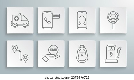 Set line Route location, Taxi call telephone service, Hand map pointer with taxi, Car key remote, Electric car charging station, Magnifying glass and Ambulance emergency icon. Vector