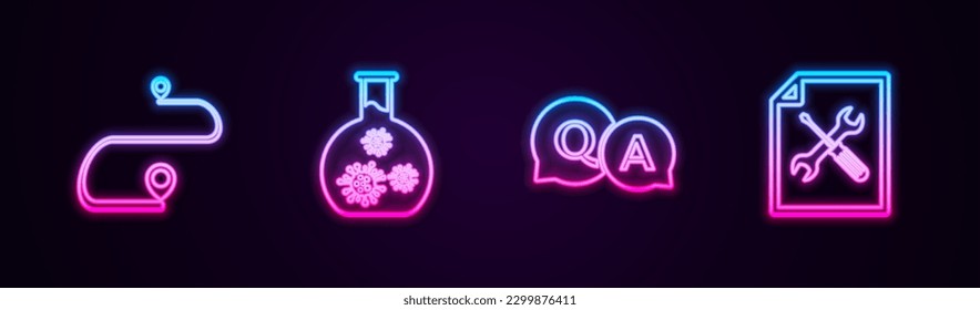 Set line Route location, Test tube with virus, Question and Answer and File document service. Glowing neon icon. Vector