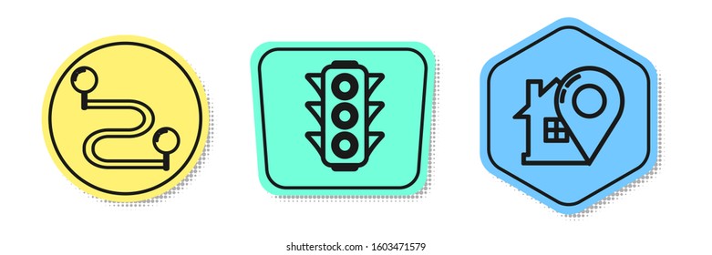 Set line Route location, Traffic light and Map pointer with house. Colored shapes. Vector