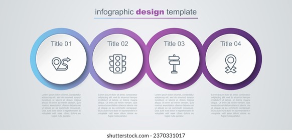 Set line Route location, Traffic light, Road traffic sign and Location. Business infographic template. Vector