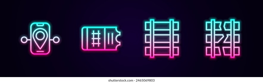 Set line Route location, Train ticket, Railway, railroad track and Broken or cracked railway. Glowing neon icon. Vector