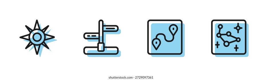 Ubicación de la ruta, rosa de viento, señal de tráfico de carretera e icono de constelación de Great Bear. Vector