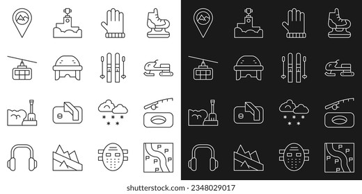 Set line Route location, Winter fishing, Snowmobile, Christmas mitten, Hockey helmet, Cable car, Location with mountain and Ski and sticks icon. Vector