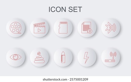 Set line Router and wi-fi, Eye, Micro SD memory card, Lightning bolt, Film reel, Movie clapper, Shit and Bullet icon. Vector