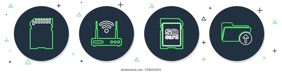 Set line Router and wi-fi, SD card,  and Upload file icon. Vector