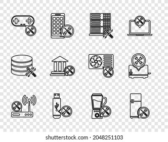 Set line Router wi-fi service, Refrigerator, Database server, USB flash drive, Gamepad, Bank building, Blender and Toaster icon. Vector