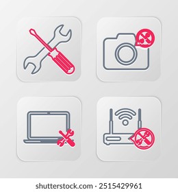 Set line Router wi-fi with service, Laptop, Photo camera and Crossed screwdriver and wrench icon. Vector